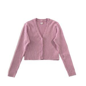 Aerie Cardigan Womens XL Pink Ribbed Knit Vneck Button Front Long Sleeve Cropped